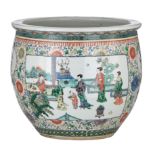 A Chinese famille verte 'Beauties in a scholar's chamber' jardiniere, 19thC, H 40,5 - dia. 46 cm