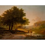 Illegibly signed, shepherds in a Romantic landscape, 19thC, oil on canvas, 77 x 100 cm