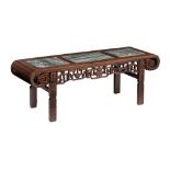A Chinese hardwood kang table, with three 'dreamstone' marble plaques, Qing dynasty, 43 x 135 - H 47