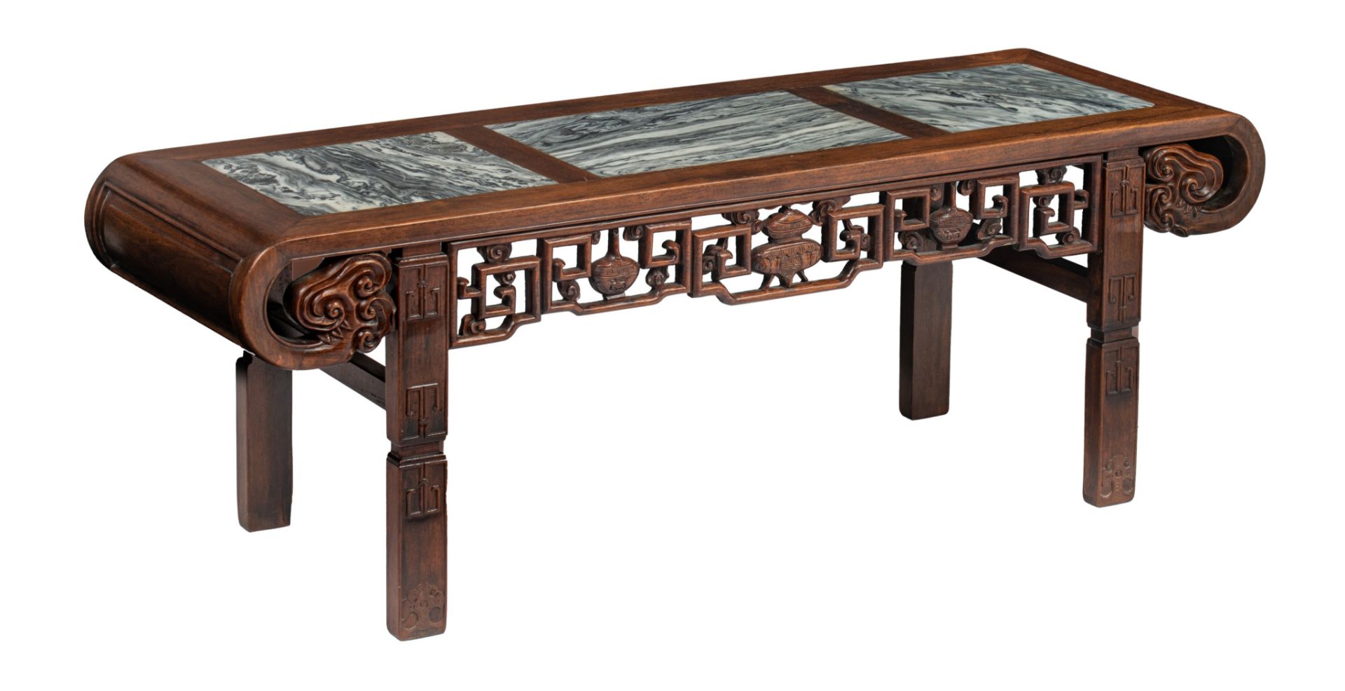 A Chinese hardwood kang table, with three 'dreamstone' marble plaques, Qing dynasty, 43 x 135 - H 47