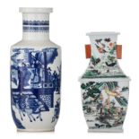A Chinese blue and white 'figural' rouleau vase, H 47,5 cm - and a famille verte 'figural' Hu vase,