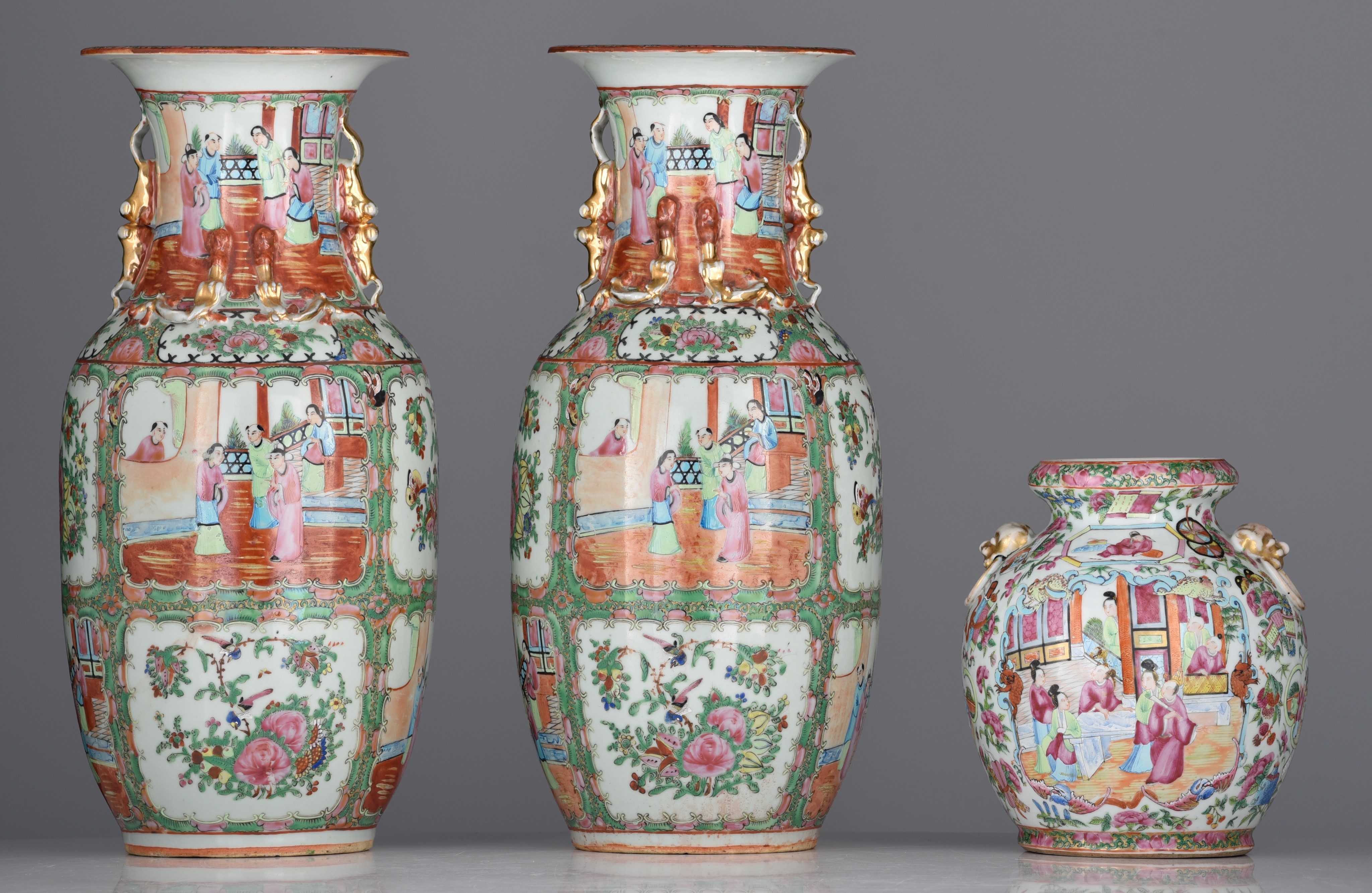 A similar pair of Chinese Canton famille rose vases, 19thC, H 44,5 cm - added a Chinese Canton pomeg - Image 2 of 7