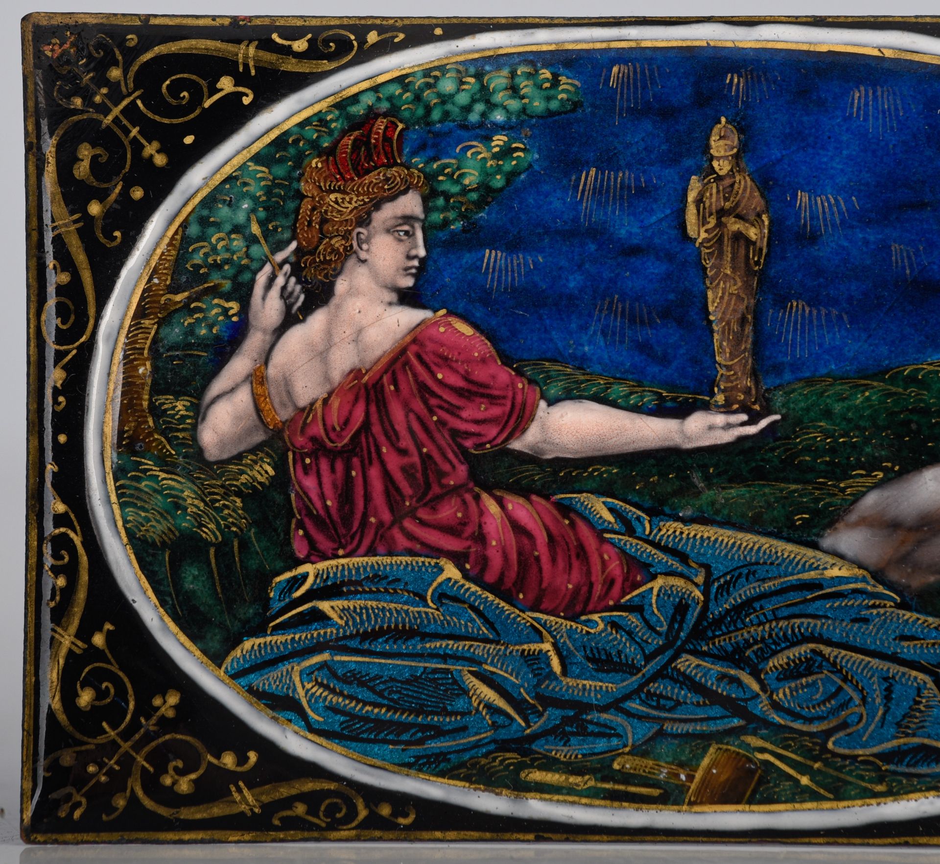 A Limoges enamel bowl (19thC) and 2 Limoges enamel plaques, (16thC), H 4,2 / 12,5 x 7,5 cm - Image 4 of 20