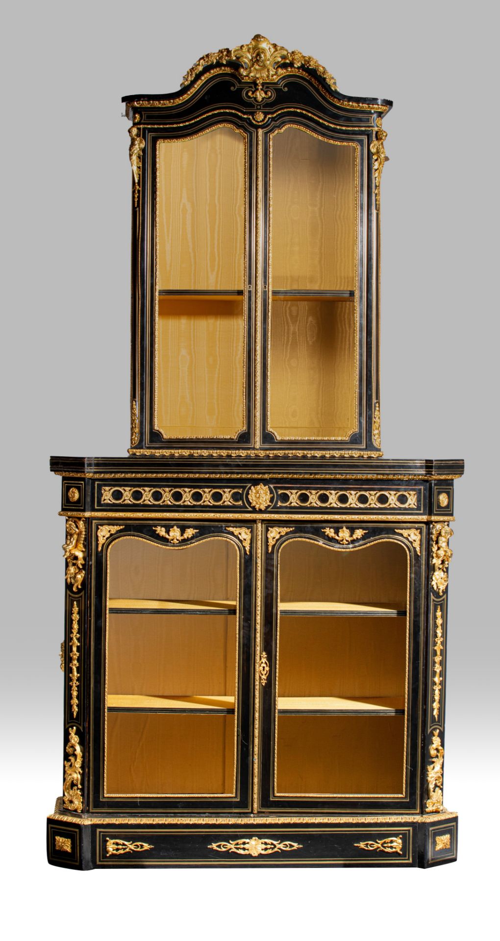 A large Napoleon III two-piece ebonised display cabinet, with gilt bronze mounts, H 237 - W 118 - D - Image 2 of 5