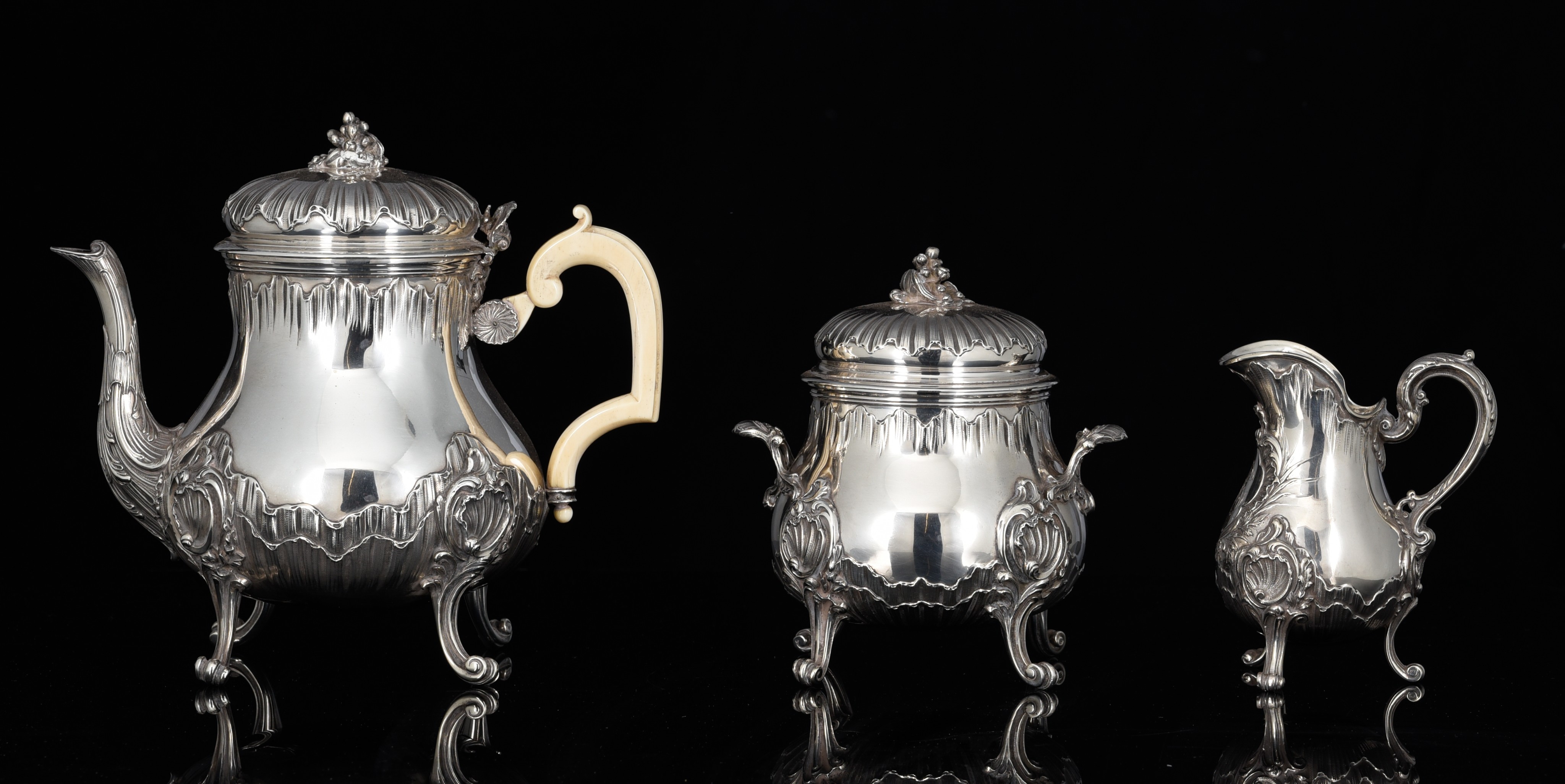 A French three-part silver Rococo Revival coffee set, 950/000, H 13,5 - 22,5 cm, c 1980 g - Image 4 of 7