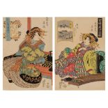 Two Japanese woodblock prints by Eizen, portraits of an Oiran, ca. 1825 and 1828 (+)