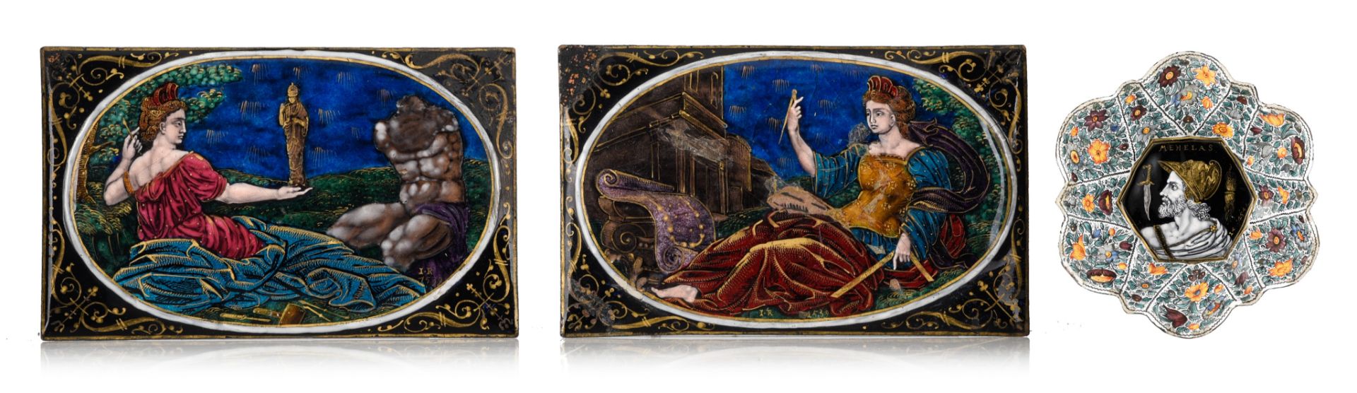 A Limoges enamel bowl (19thC) and 2 Limoges enamel plaques, (16thC), H 4,2 / 12,5 x 7,5 cm