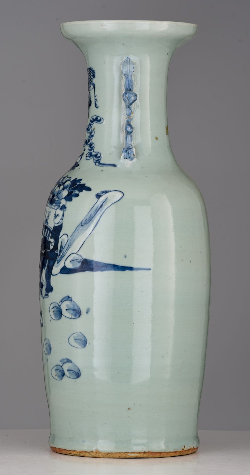 A Chinese blue and white on a celadon ground 'Figural' vase, paired with Fu lion handles, 19thC, H 5 - Image 3 of 7