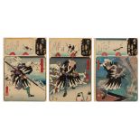Three Japanese woodblock prints by Kuniyoshi, each depicting one of the 47 Ronin from the series "po