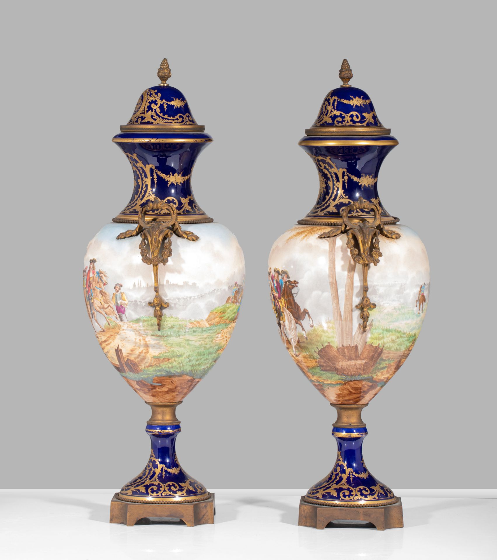 A pair of Sevres type vases, with hand-painted 17thC battle scenes, H 73 cm - Image 4 of 10