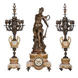 A three-piece bronze and onyx clock garniture, the bronze signed Gaudez, H 64 - 69 cm