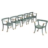A set of six Art Deco garden chairs, painted and gilt metal, H 72- W 71 cm