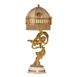 An eclectic gilt bronze figural lamp on a marble base, H 91 cm