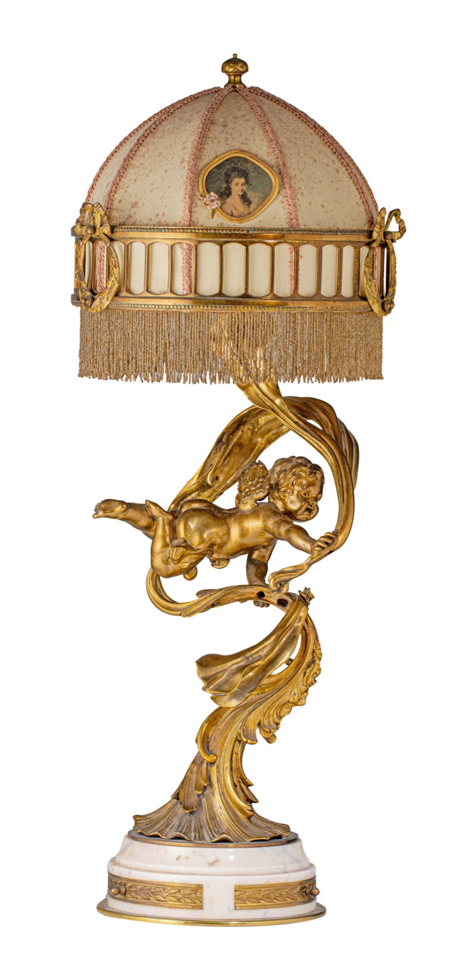 An eclectic gilt bronze figural lamp on a marble base, H 91 cm