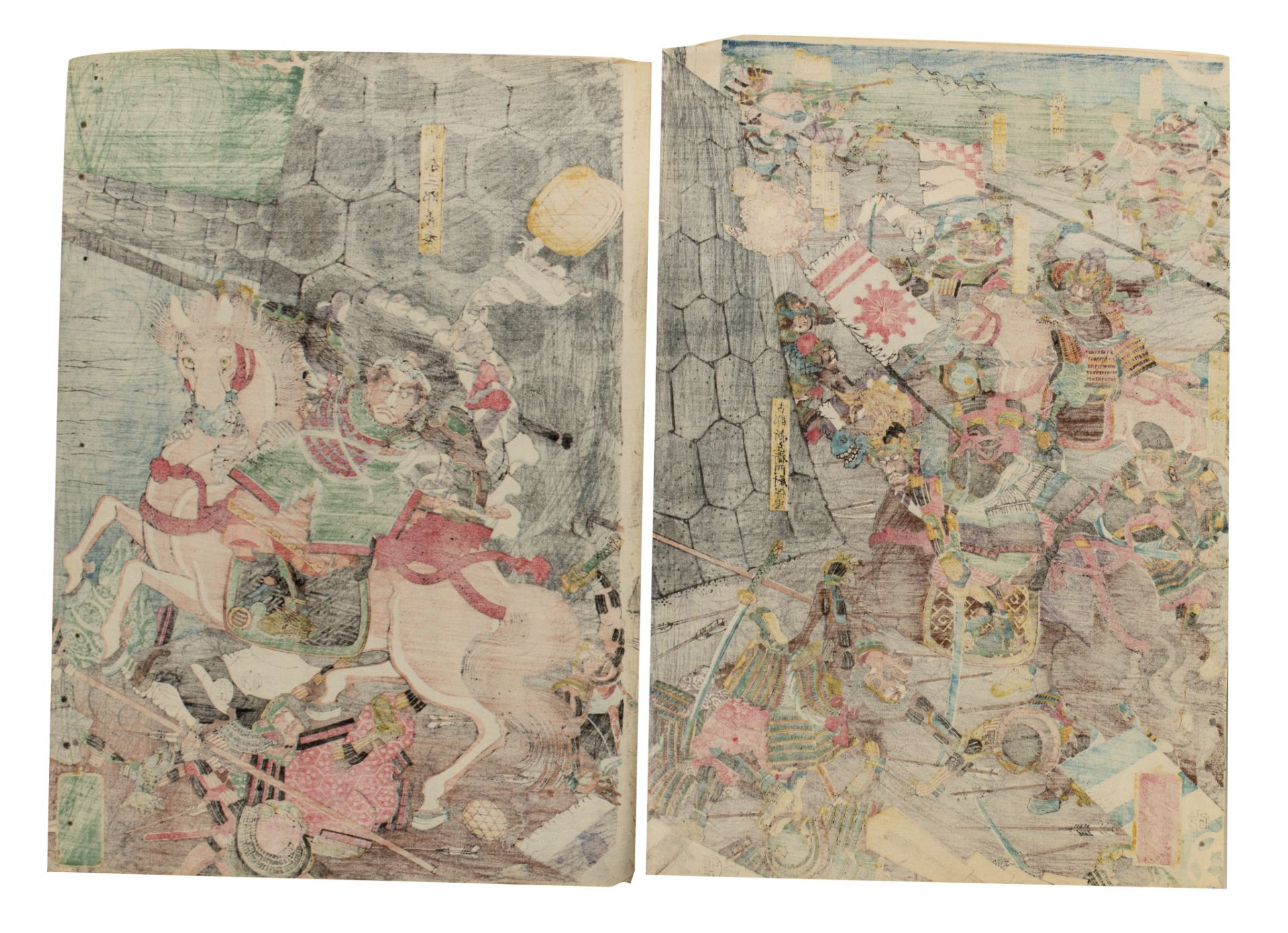 A triptych of Japanese woodblock prints by Yoshikazu, attack on Ichi-No-Tani, ca. 1858 (+) - Image 6 of 7