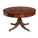 An English Regency mahogany and rosewood veneered drum table, 19thC, H 78 - dia 130 cm