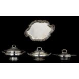 A set of three silver vegetable bowls and a matching tray, H 12 - 17 cm, total weight ca 3792 g