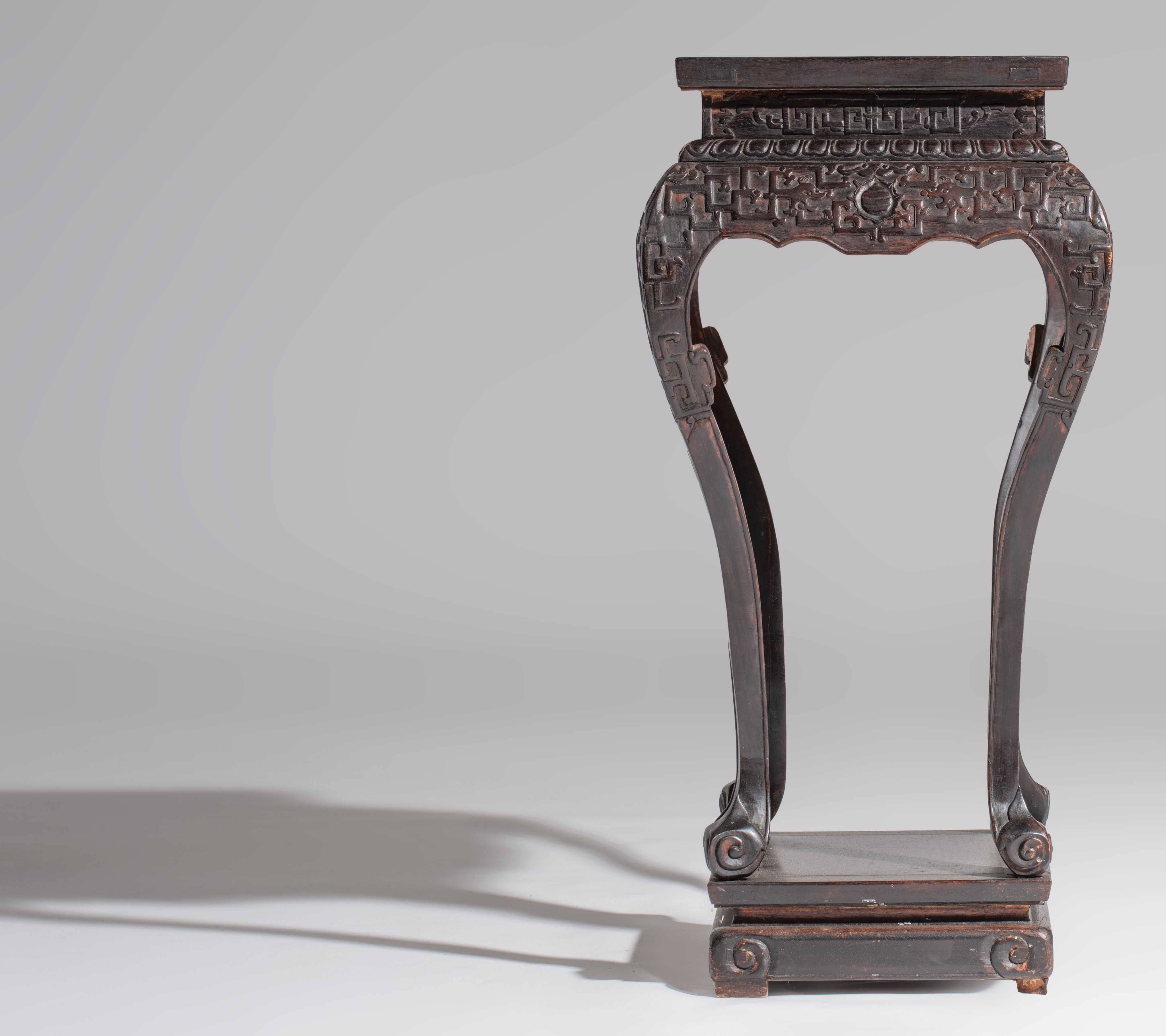 A Chinese Ming style carved hardwood rectangular tea table, H cm - Image 6 of 8