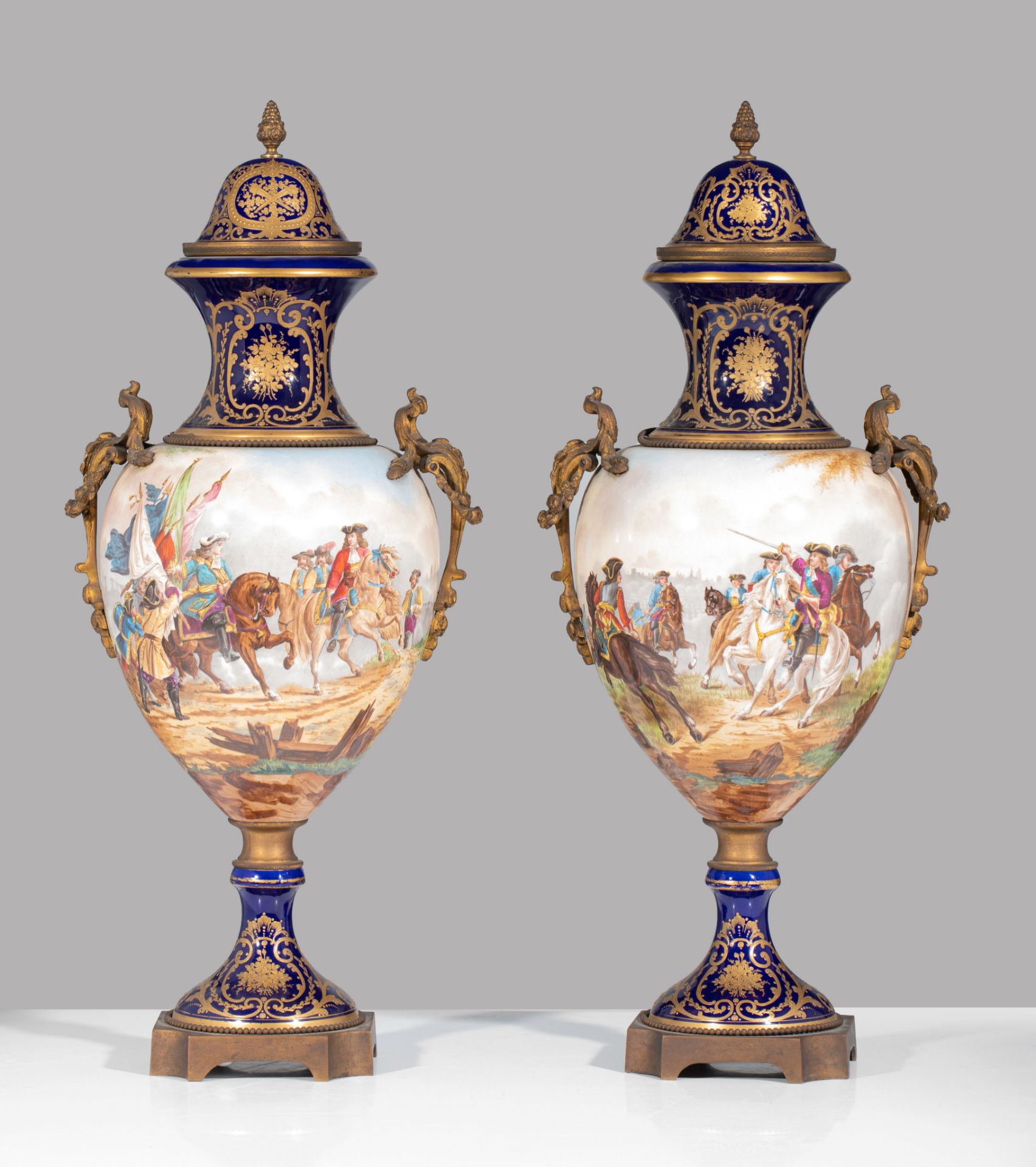 A pair of Sevres type vases, with hand-painted 17thC battle scenes, H 73 cm - Image 2 of 10