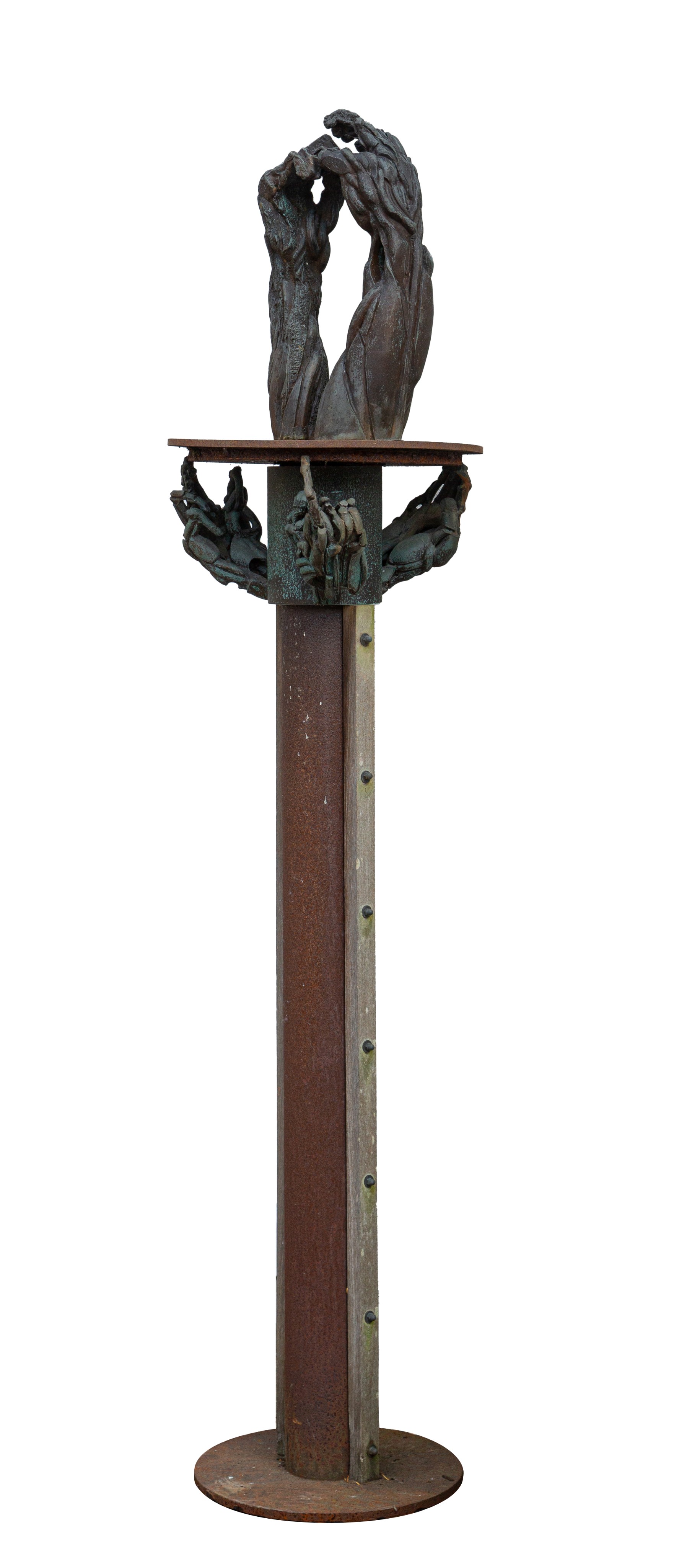 Anne Van Canneyt (1950), untitled garden sculpture, patinated bronze on a rust iron stand, H 200 cm