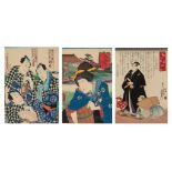 Three Japanese woodblock prints by Toyokuni III, one with a servant bowing to his master, ca. 1847,
