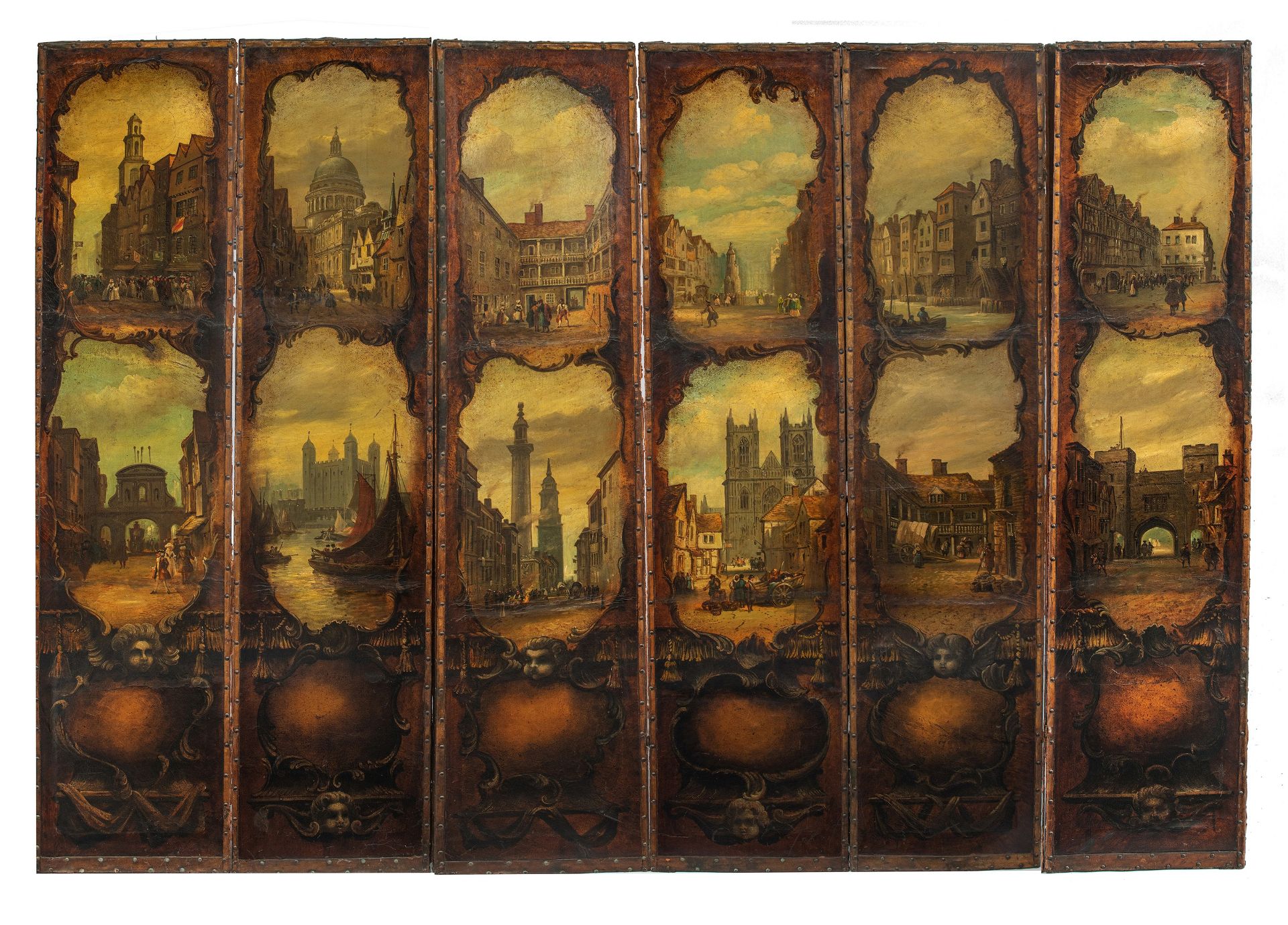 A six-panel screen depicting famous views of London, H 184 - W 6 x 41 cm