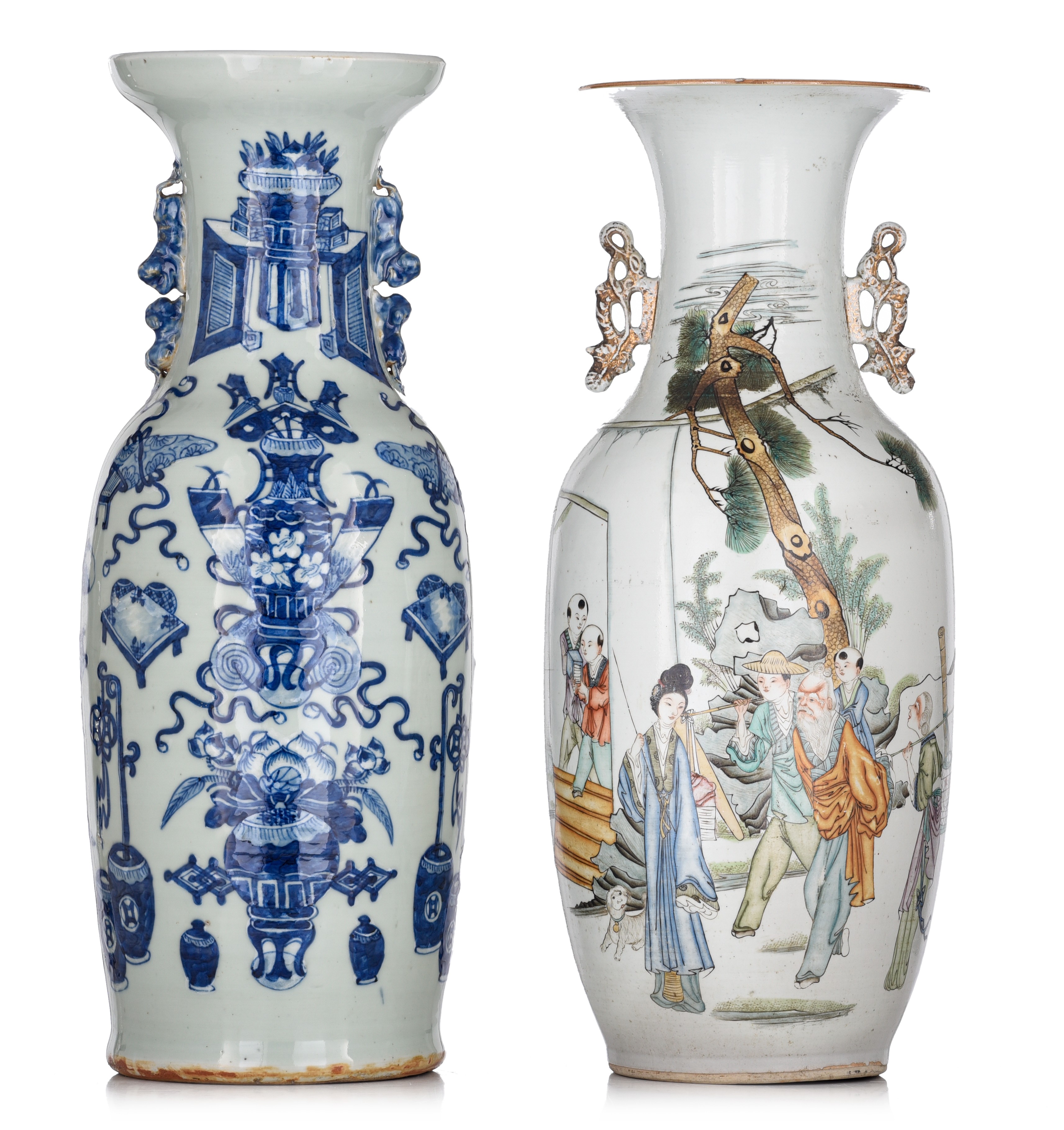 A Chinese famille rose vase, the back with a signed text, Republic period, H 57 cm - and a blue and