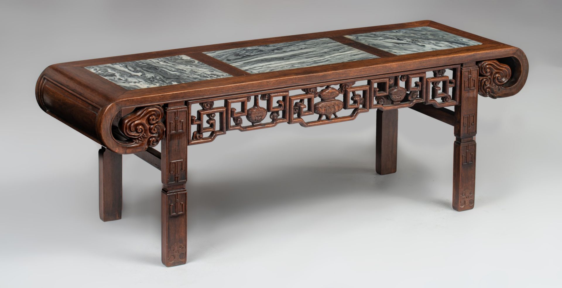 A Chinese hardwood kang table, with three 'dreamstone' marble plaques, Qing dynasty, 43 x 135 - H 47 - Image 2 of 9