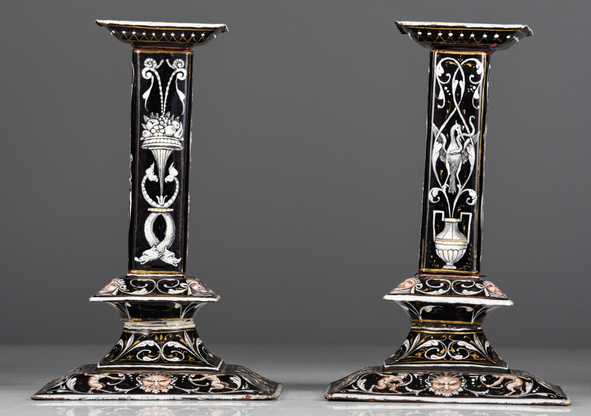 A pair of 17thC Limoges enamel candlesticks, H 23 cm (+) - Image 5 of 7