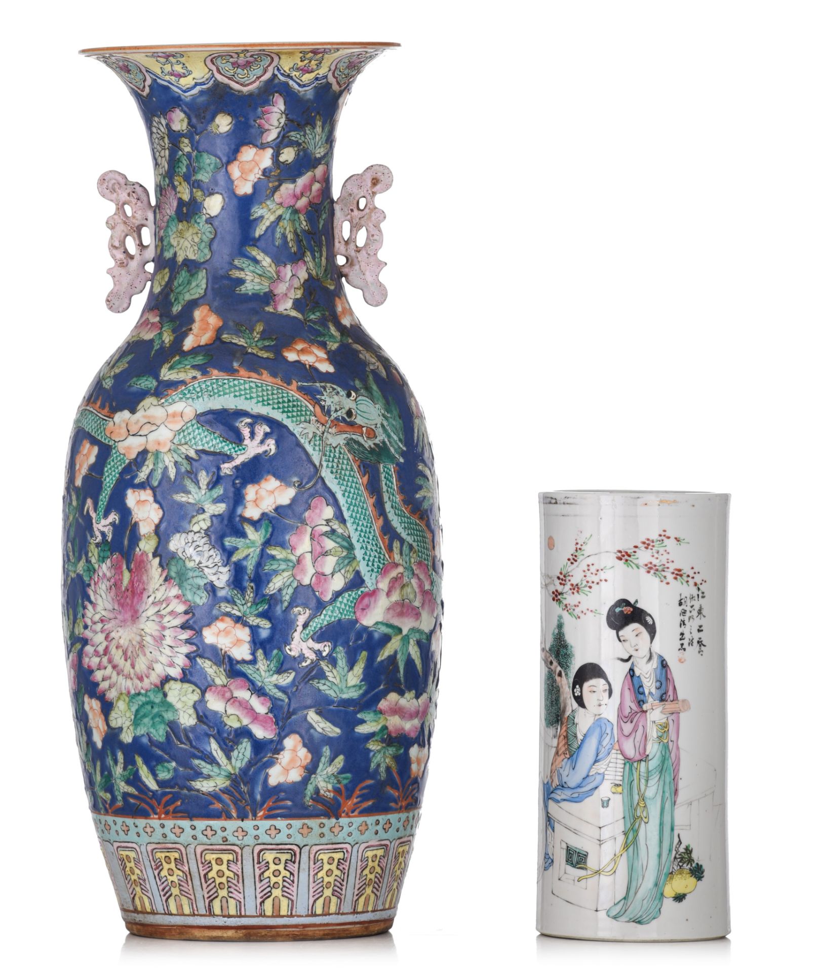 A Chinese famille rose vase, 19thC, H 57 cm - and a famille rose cylindrical vase, with a signed tex