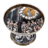 A Limoges enamel tazza, depicting the adoration of Psyche, presumably 16thC, H 13 cm