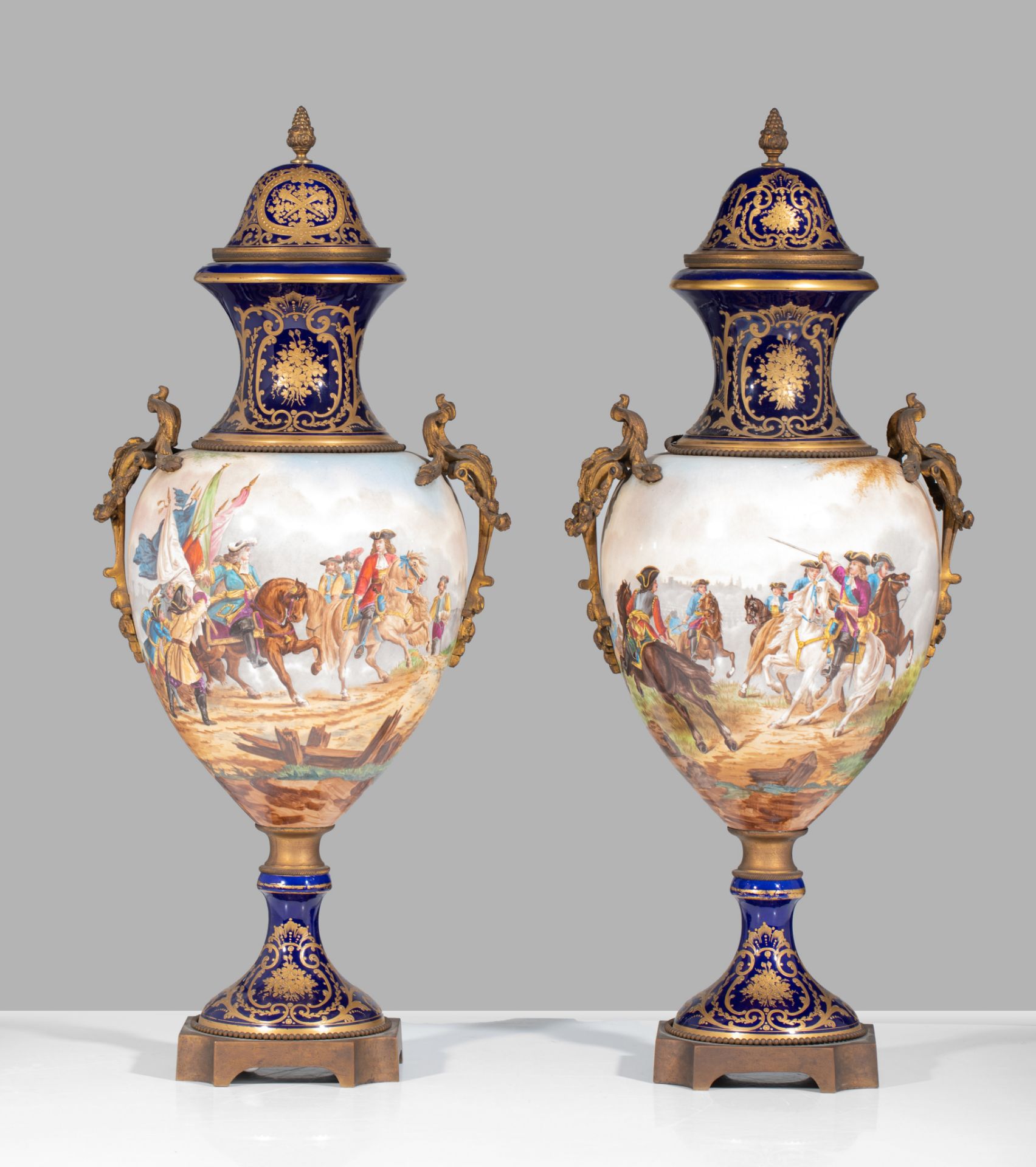A pair of Sevres type vases, with hand-painted 17thC battle scenes, H 73 cm - Image 3 of 10
