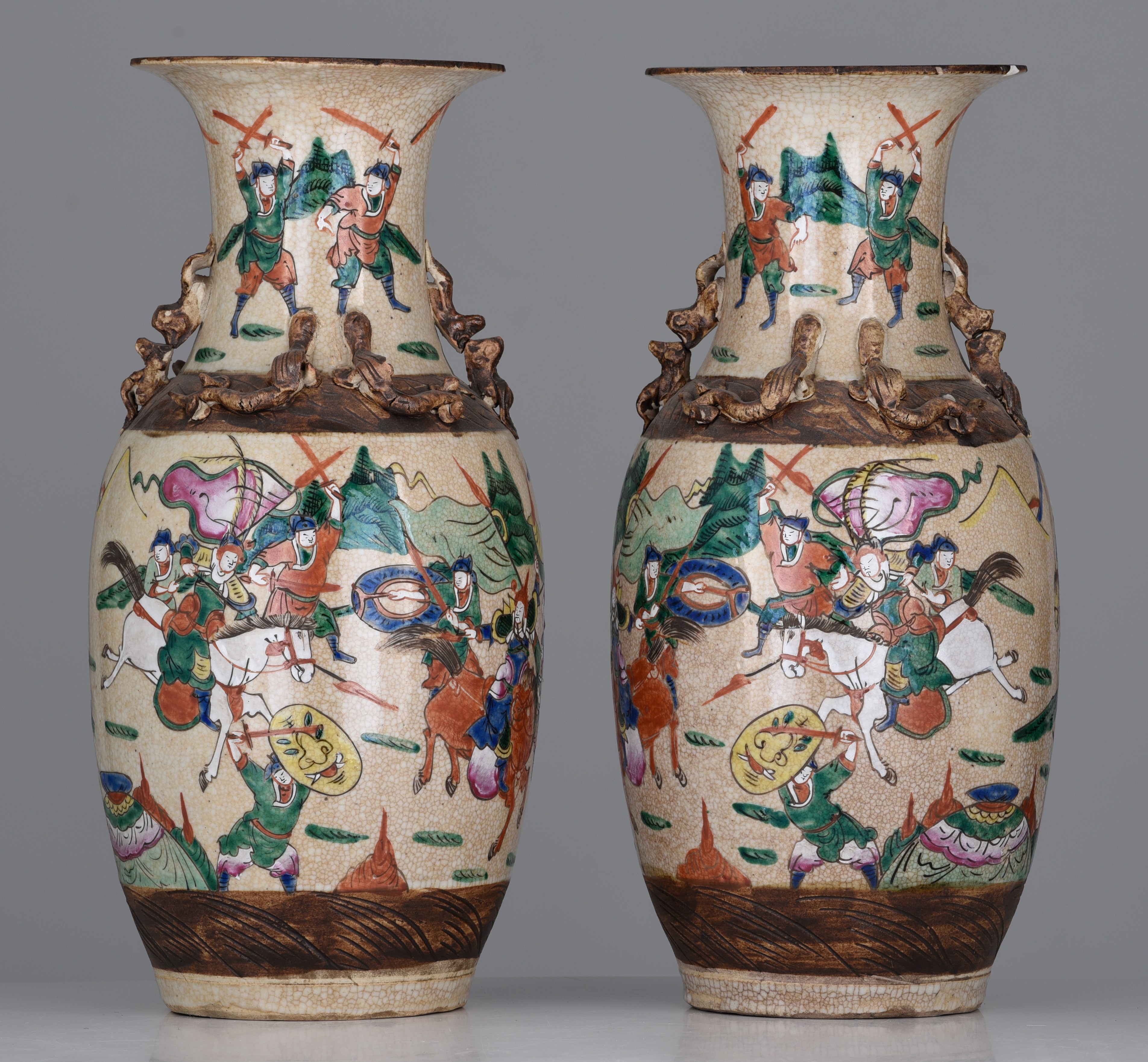 A pair of Chinese Nanking famille rose stoneware vases, 19thC, H 44 cm - Image 2 of 7