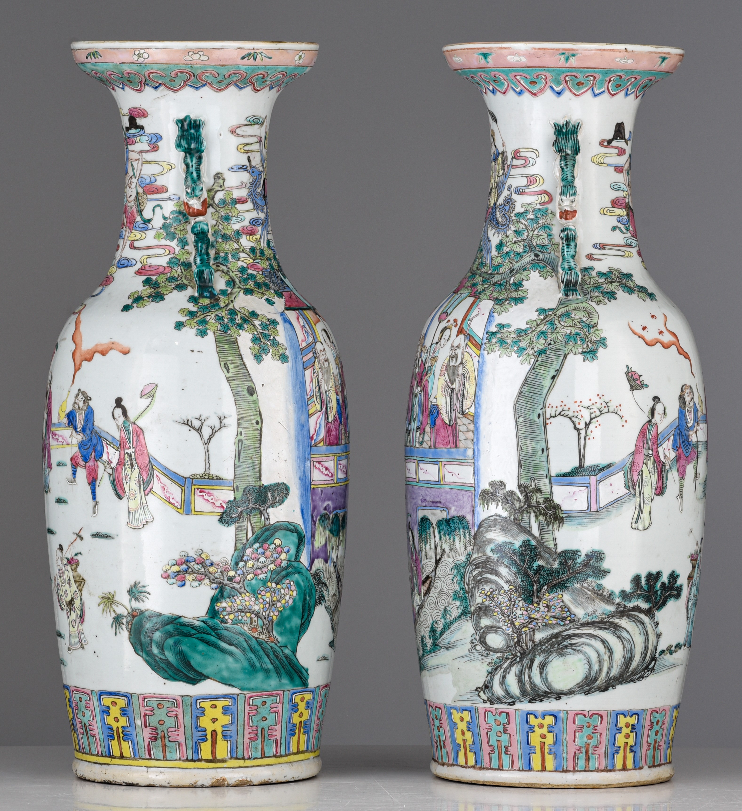 A pair of Chinese famille rose 'Immortals' vases, 19thC, H 58 cm - Image 3 of 7