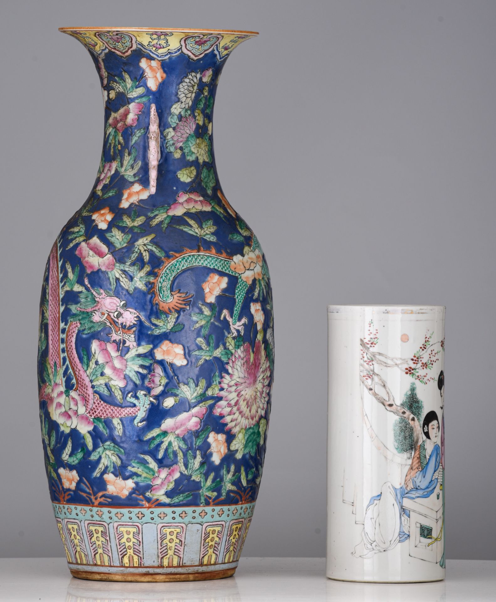 A Chinese famille rose vase, 19thC, H 57 cm - and a famille rose cylindrical vase, with a signed tex - Image 5 of 7
