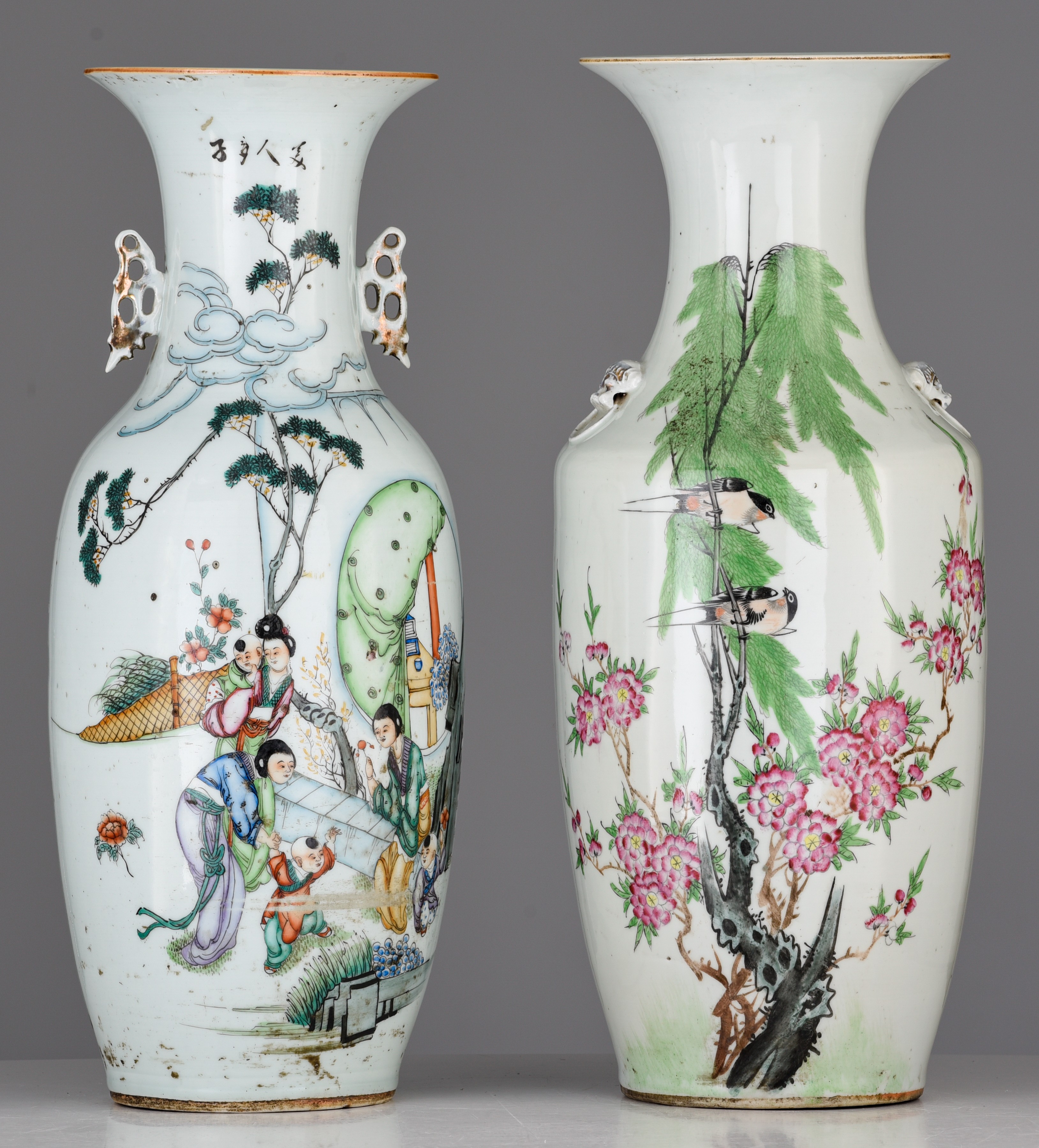 Two Chinese famille rose vases, one with a signed text, Republic period, H 57 - 57,5 cm - Image 2 of 7