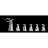 A set of six stirrup cups goblets with hunting motifs, H 8 - 14,5 cm, total weight: ca 850 g