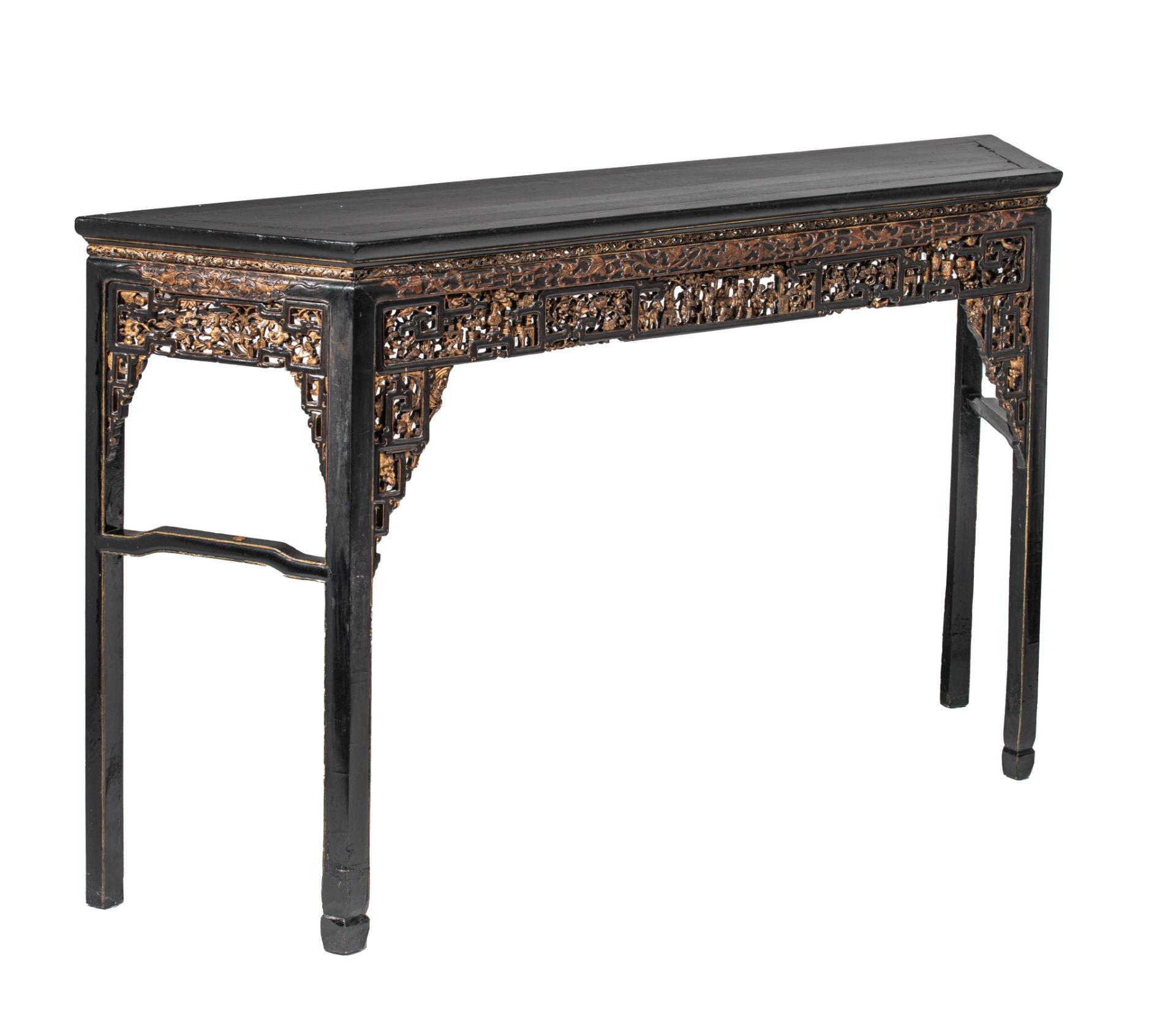 A Chinese gilt and lacquered carved side table, late Qing/Republic period, H 107 - L 187 - D 40 cm