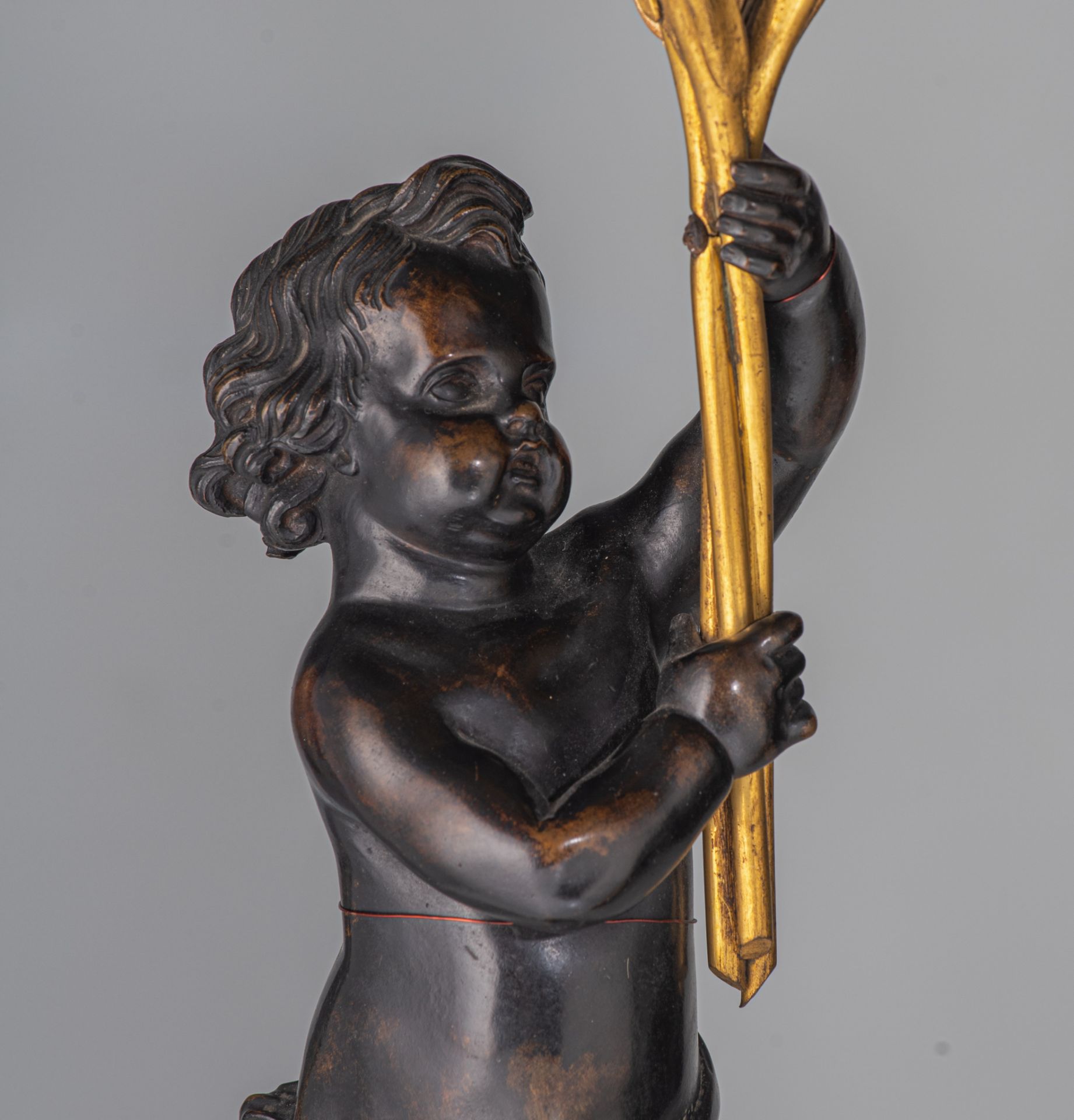 A pair of Neoclassical patinated and gilt bronze figural candelabras, H 80 cm - Image 6 of 7