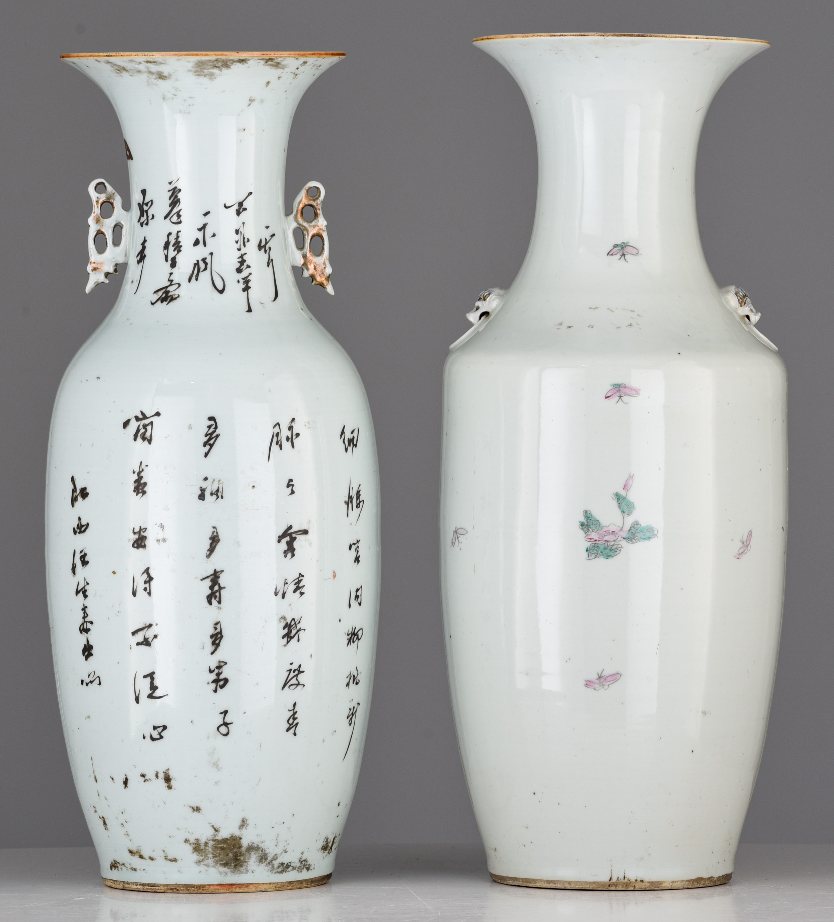 Two Chinese famille rose vases, one with a signed text, Republic period, H 57 - 57,5 cm - Image 4 of 7