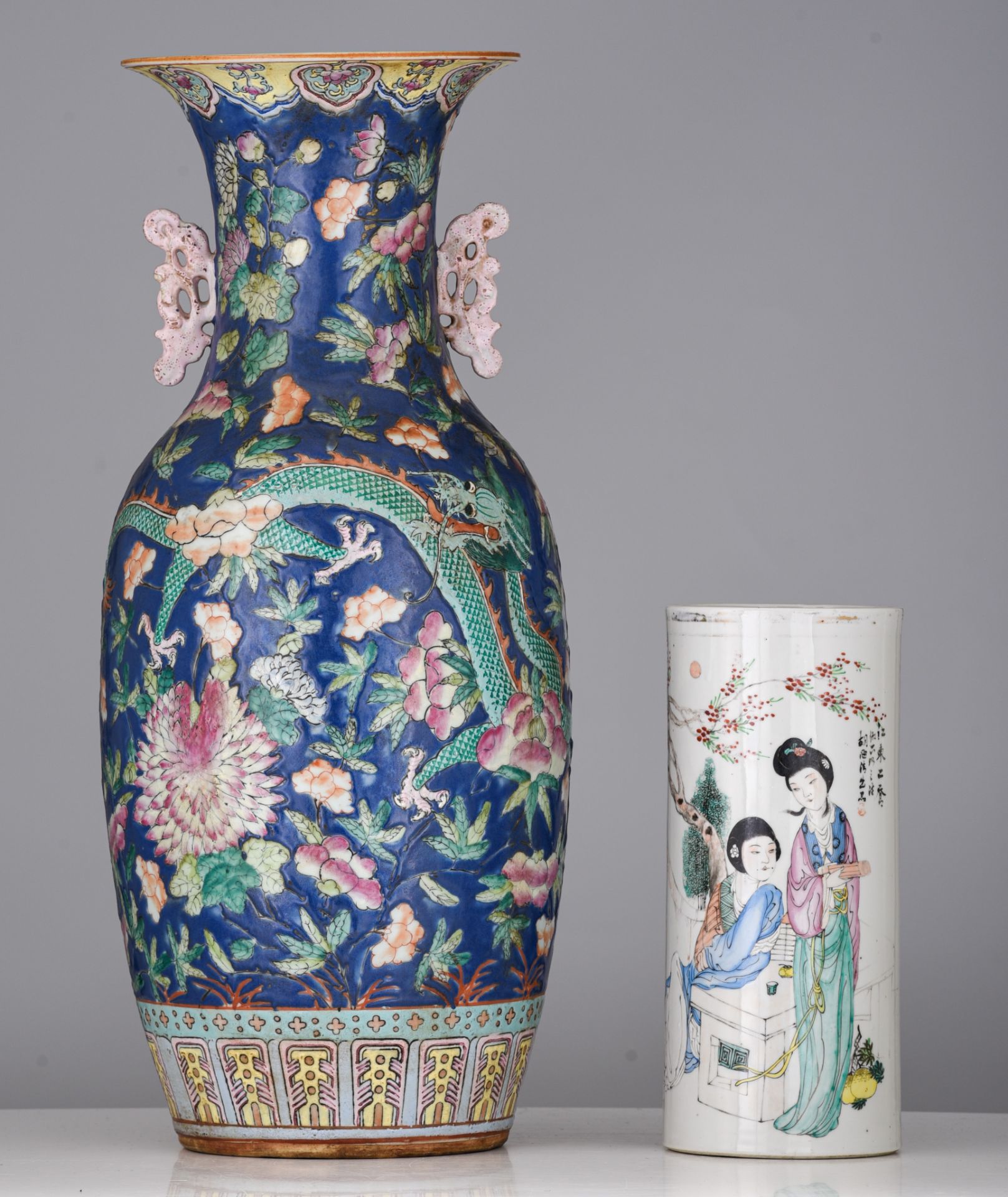 A Chinese famille rose vase, 19thC, H 57 cm - and a famille rose cylindrical vase, with a signed tex - Image 2 of 7