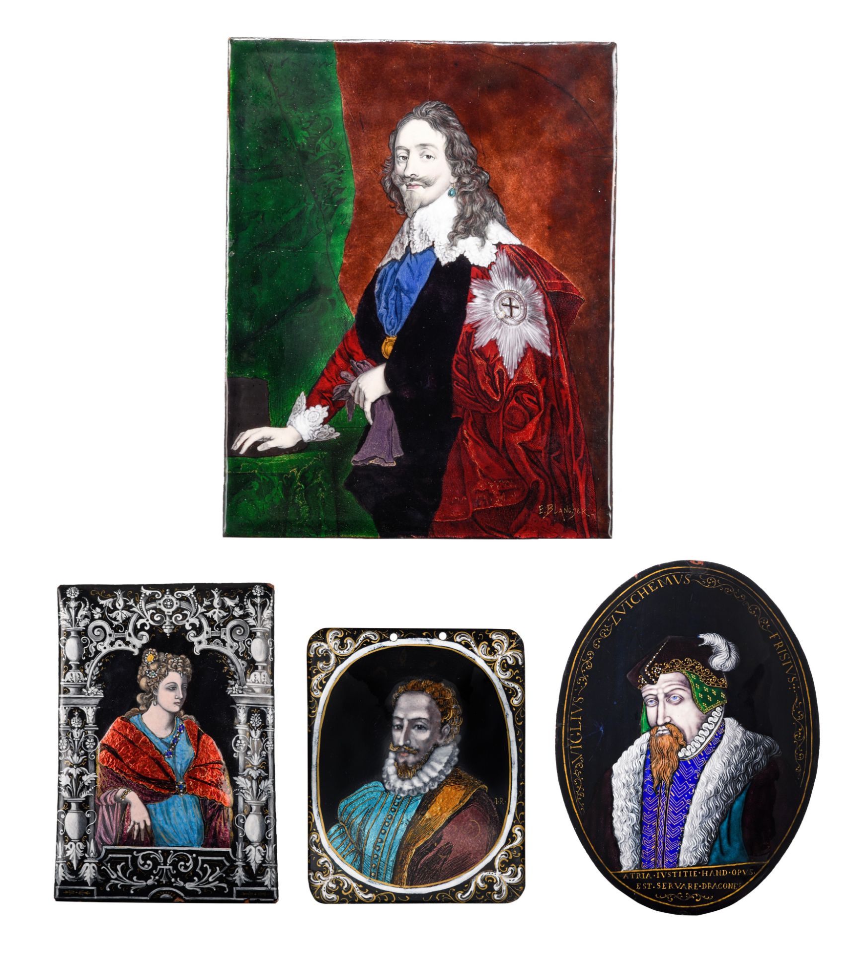 A collection of four Limoges painted enamel portrait plaques, H 9 - 27,5 cm