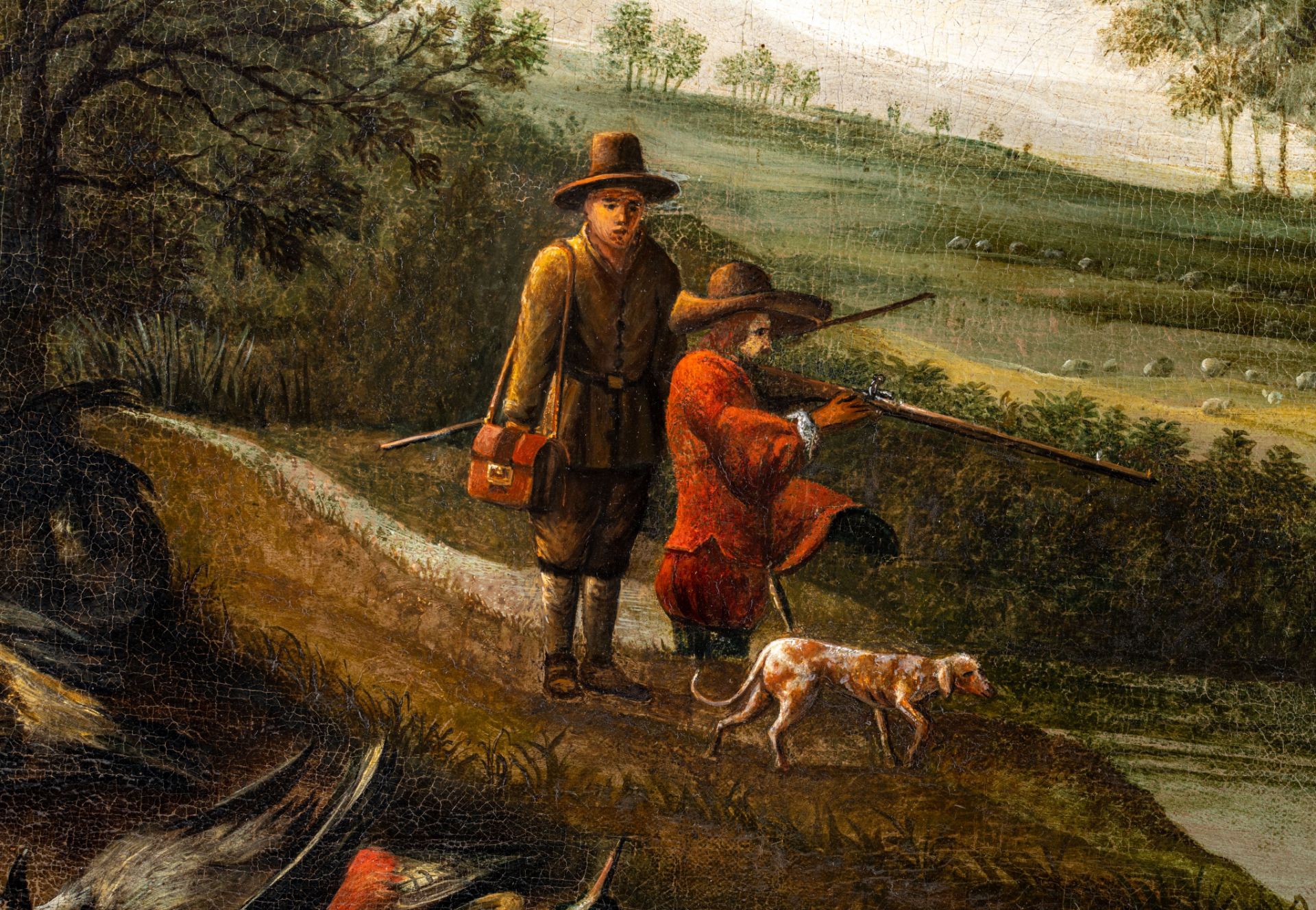 Hunters in a landscape with their hunting trophy, the Netherlands, 17thC, oil on canvas, 66 x 100 cm - Image 4 of 7