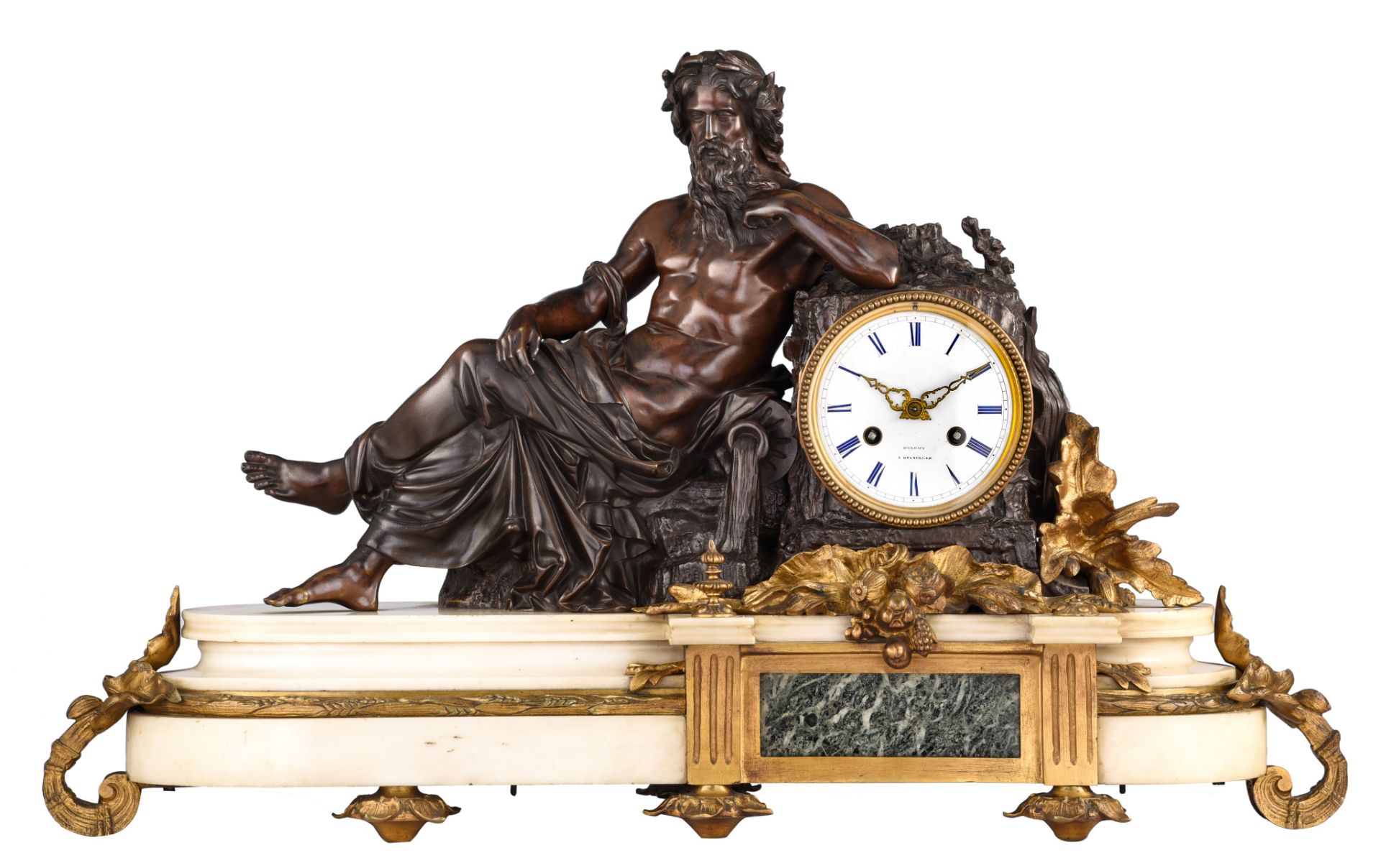 A marble and bronze mantle clock, the dial signed 'Wilgot, a Bruxelles', late 1900, H 39 - W 65 cm
