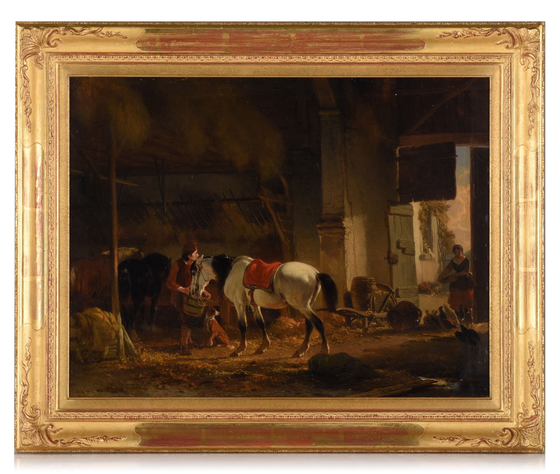 Joseph Moerenhout, Horses in a barn, 19thC, oil on canvas, 38 x 49 cm - Image 2 of 8