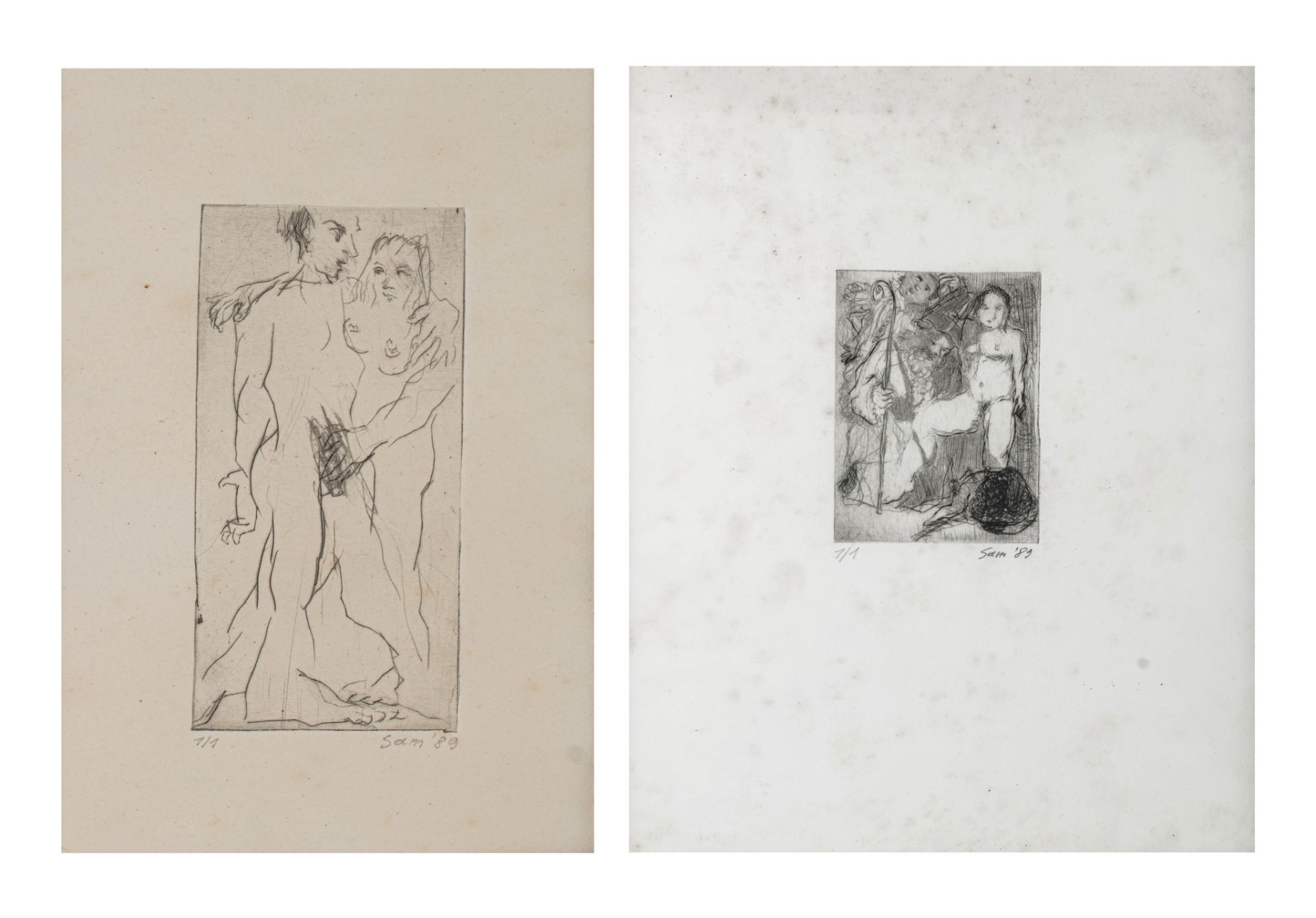 Sam Dillemans (1965), two untitled etchings, 1989, No 1/1, monotype, 7,4 x 9,8 - 6,5 x 13,2 cm