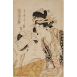 A Japanese woodblock print by Utamaro II, courtesans preparing and dressing after bathing, ca. 1808
