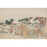 A Japanese woodblock print by Utamaro, with courtesans walking next to a river, Meiji period