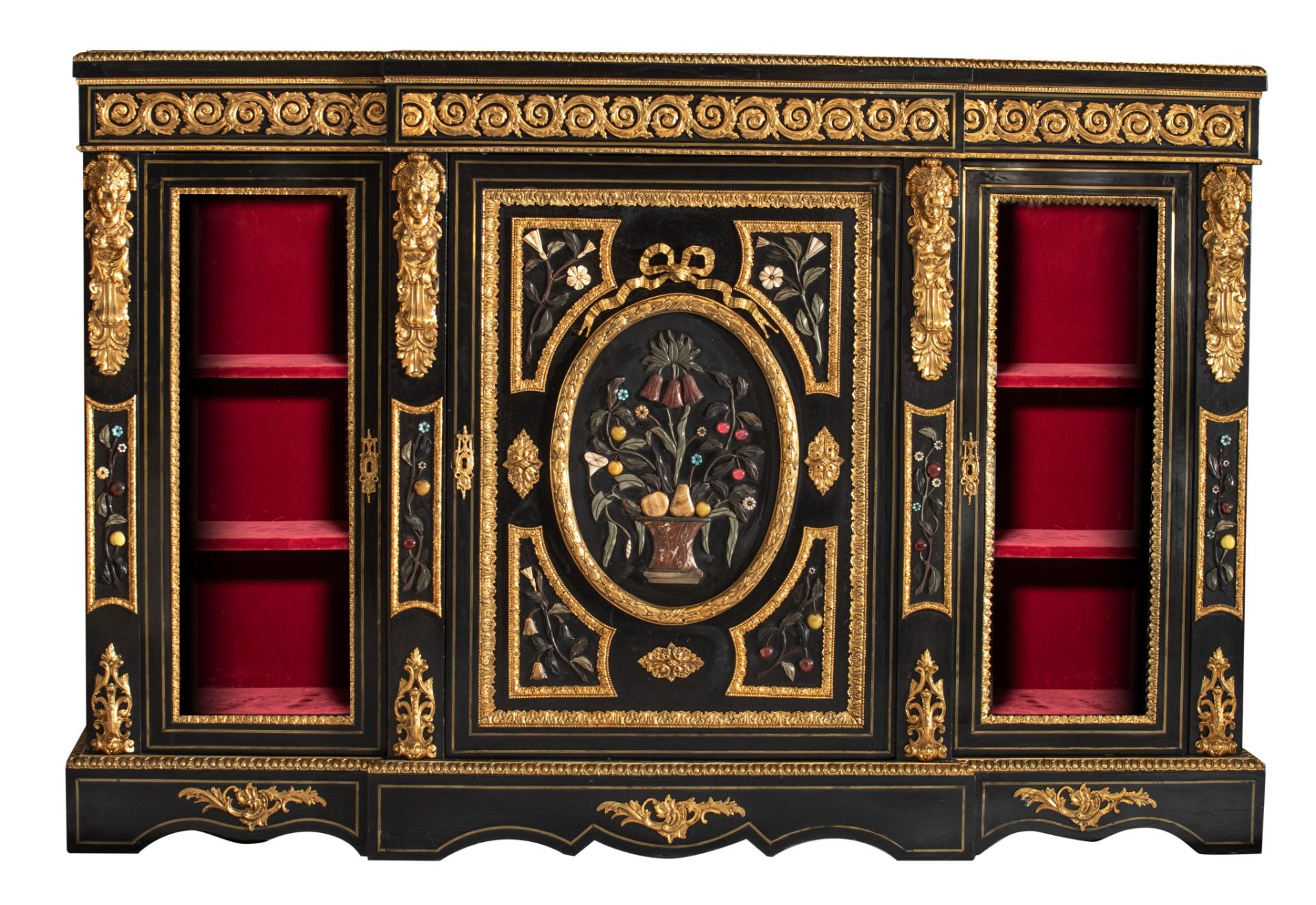 An impressive Neoclassical Napoleon III cabinet, decorated with semi-precious stones, H 118 - W 176 - Image 2 of 8