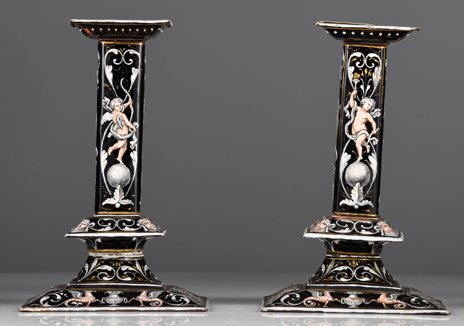 A pair of 17thC Limoges enamel candlesticks, H 23 cm (+) - Image 2 of 7